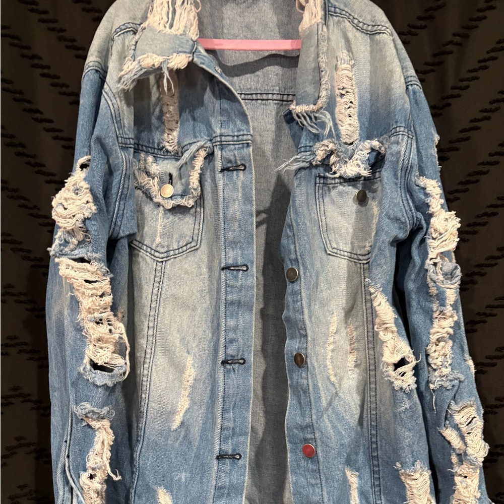 Oversized Distressed “Wake, Pray, Slay” Denim Jacket